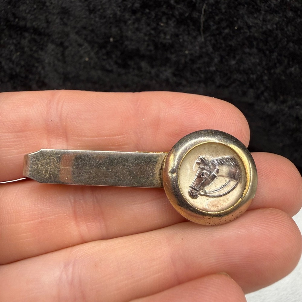 Vintage Horse Pioneer Tie Clip Blue Gold Tone Equestrian